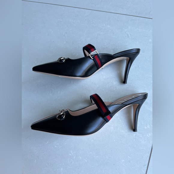 GUCCI Women's Signature Web Strap Horsebit High-Heel Leather Mules Black 39 NEW - Picture 10 of 14